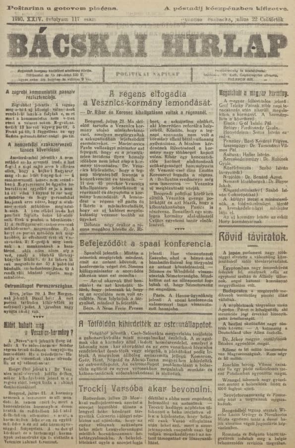 Bácskai Hirlap, 24. évf. 1920. július 22. 117. sz.
