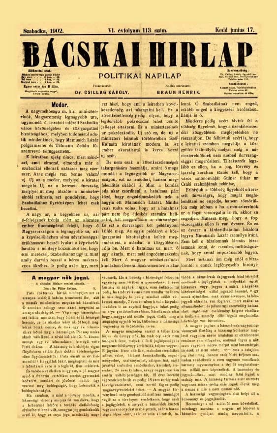 Bácskai Hirlap, 6. évf. 1902. június 17. 113. sz.