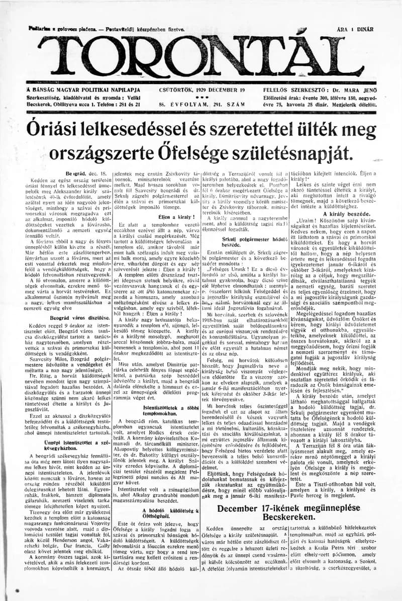 Torontál, 58. évf. 1929. december 19. 291. sz.