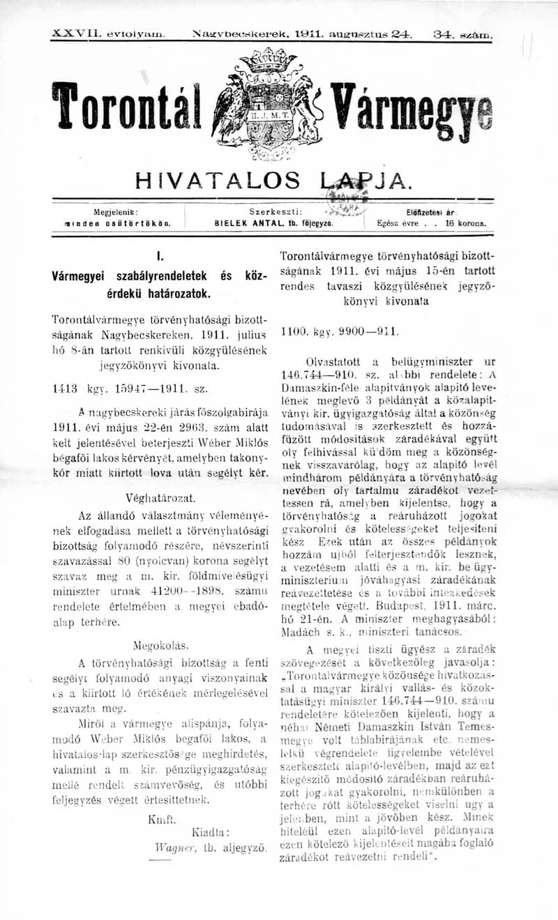 Torontál Vármegye Hivatalos Lapja, 27. évf. 1911. augusztus 24. 34. sz.