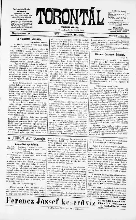Torontál, 32. évf. 1903. május 23. 116. sz.