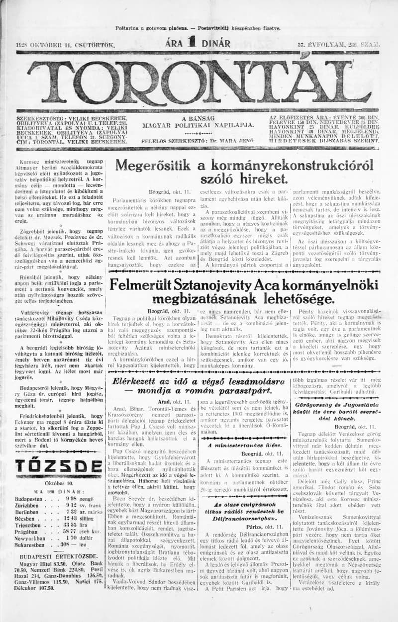 Torontál, 57. évf. 1928. október 11. 236. sz.