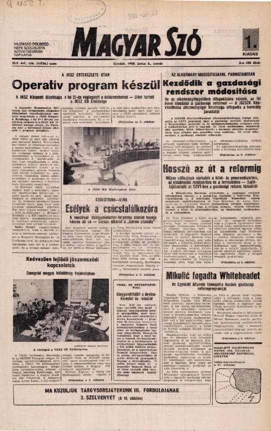 Magyar Szó, 45. évf. 1988. június 8. 156. sz. 1–20. oldal