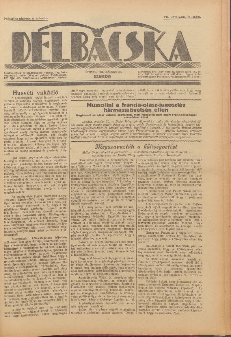 Délbácska, 7. évf. 1926. március 31. 74. sz.