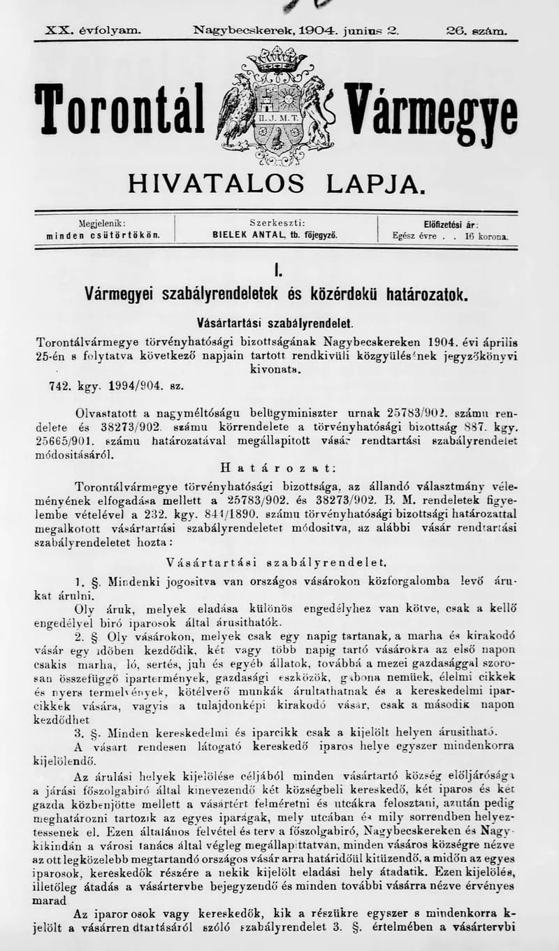 Torontál Vármegye Hivatalos Lapja, 20. évf. 1904. június 2. 26. sz.