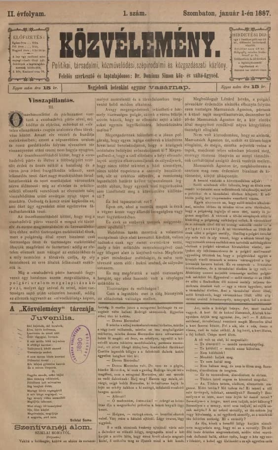 Közvélemény, 2. évf. 1887. január 1. 1. sz.