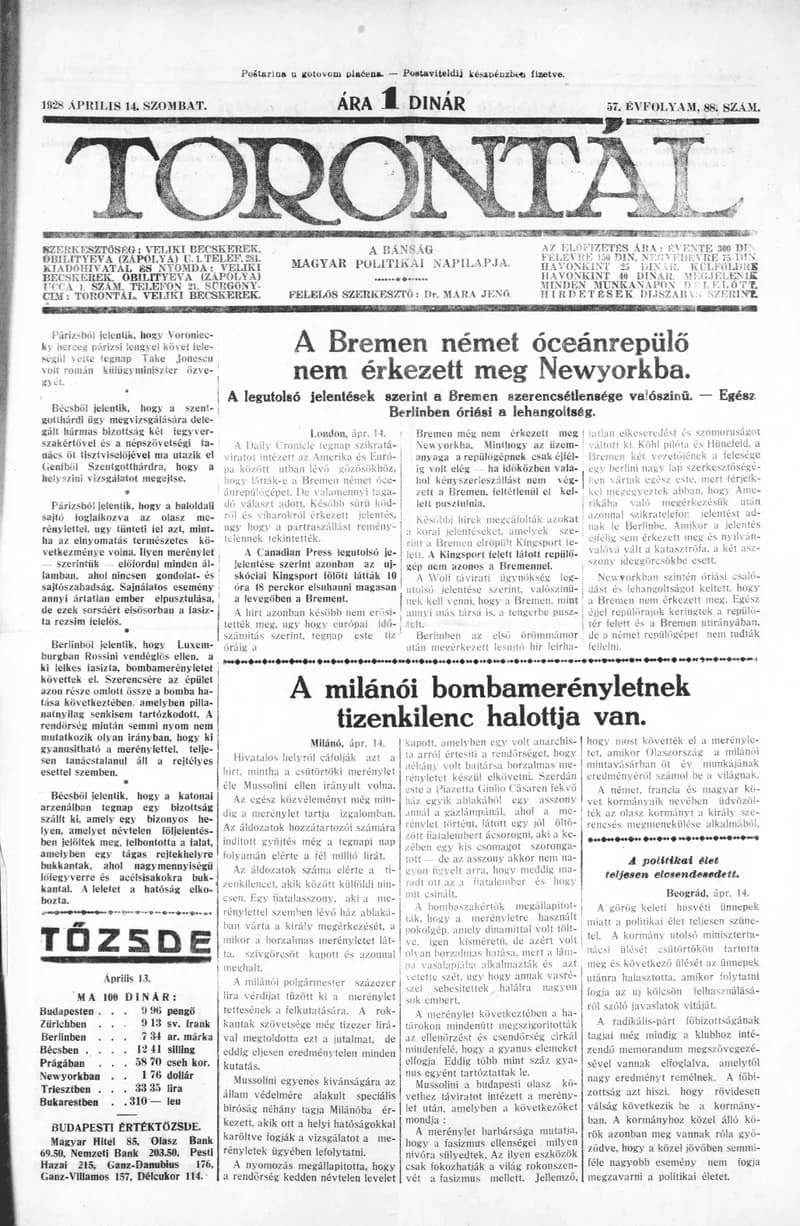 Torontál, 57. évf. 1928. április 14. 88. sz.