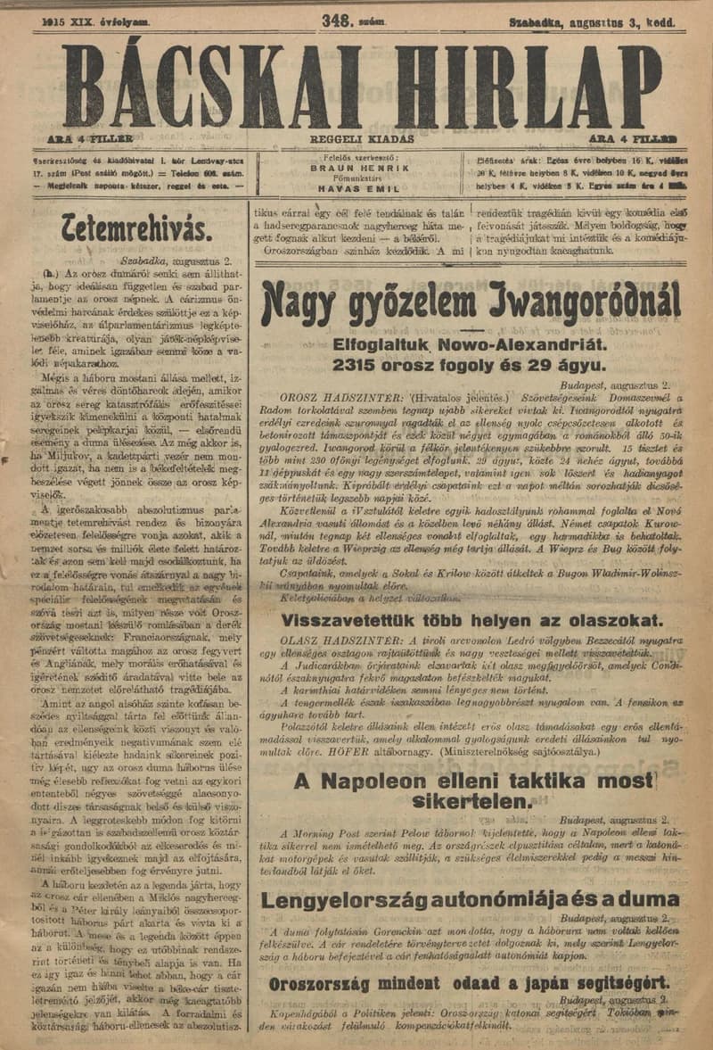 Bácskai Hirlap, 19. évf. 1915. augusztus 3. 348. sz.