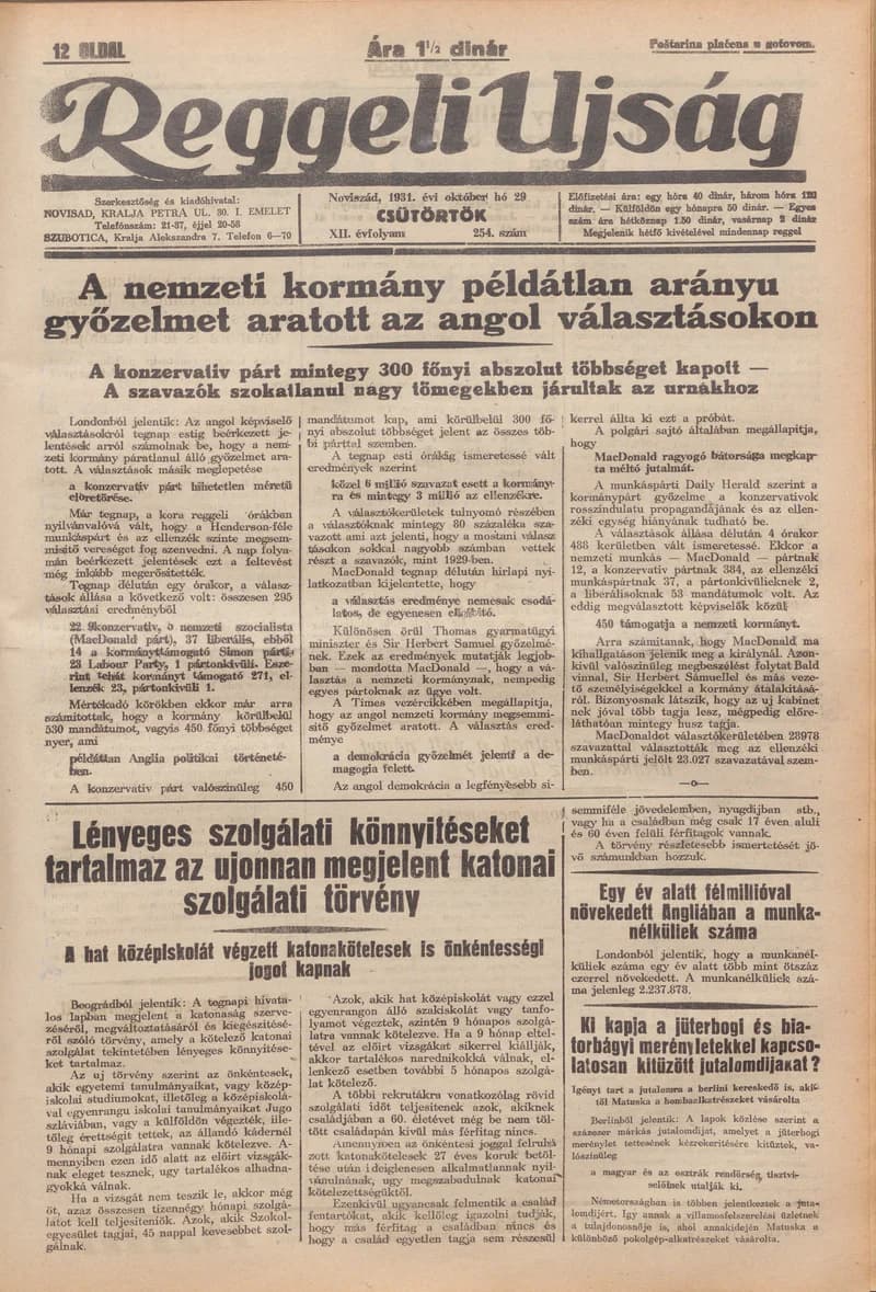 Reggeli Újság, 12. évf. 1931. október 29. 254. sz.