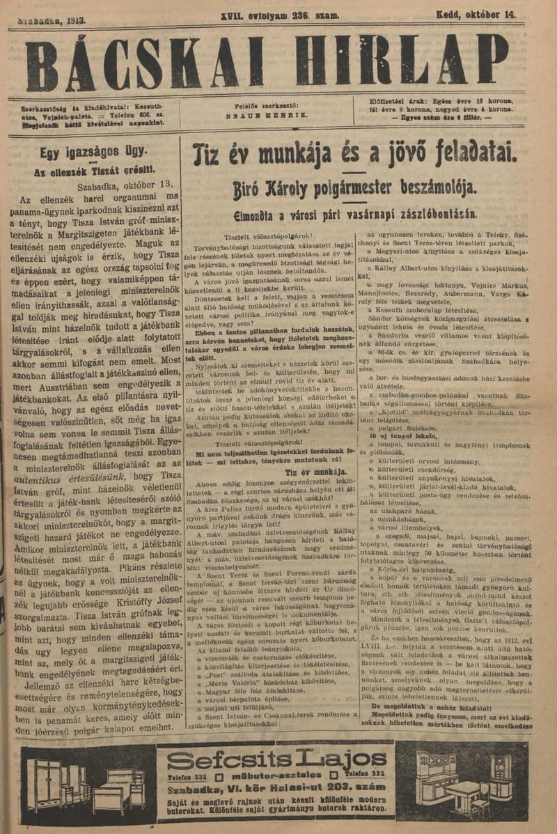 Bácskai Hirlap, 17. évf. 1913. október 14. 236. sz.
