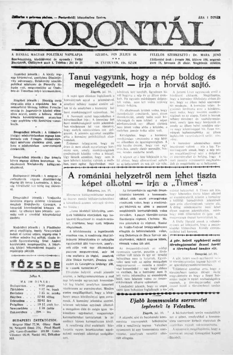 Torontál, 58. évf. 1929. július 10. 156. sz.