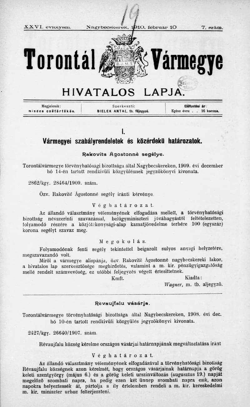 Torontál Vármegye Hivatalos Lapja, 26. évf. 1910. február 10. 7. sz.