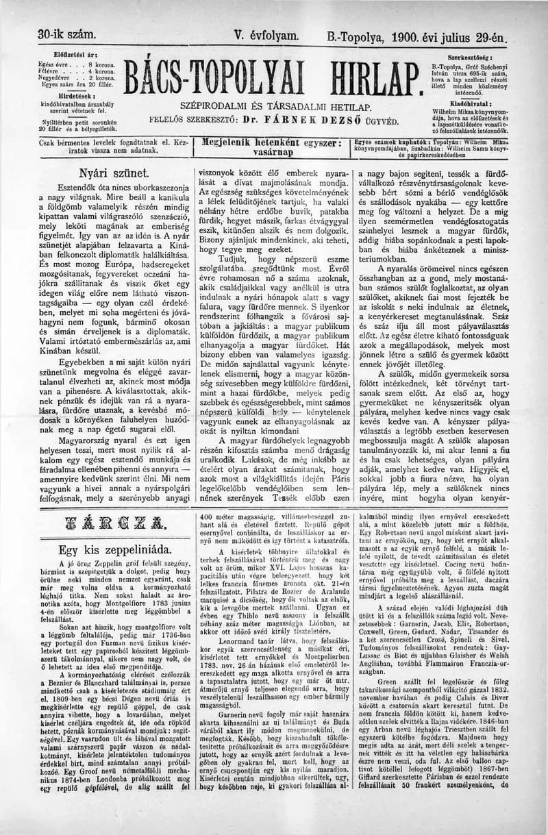 Bács-Topolyai Hirlap, 5. évf. 1900. július 29. 30. sz.