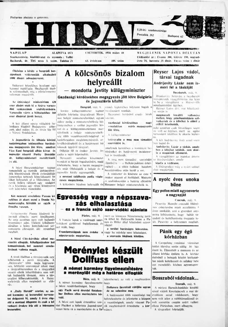 Híradó, 63. évf. 1934. május 10. 108. sz.