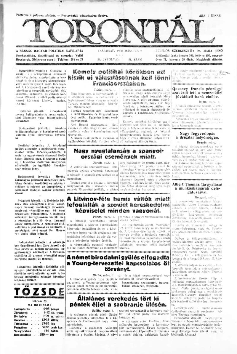 Torontál, 59. évf. 1930. március 2. 51. sz.