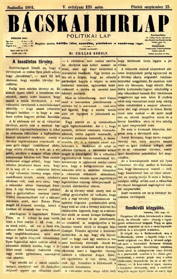 Bácskai Hirlap, 5. évf. 1901. szeptember 13. 139. sz.