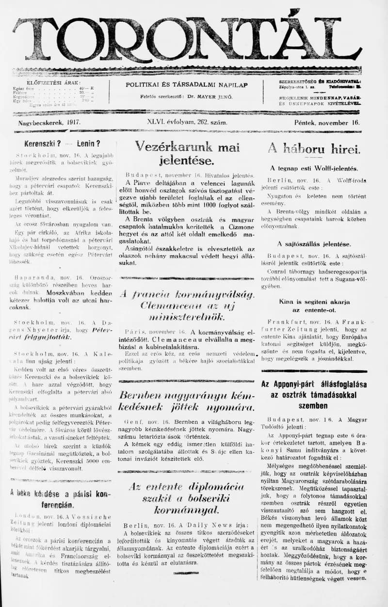 Torontál, 46. évf. 1917. november 16. 262. sz.