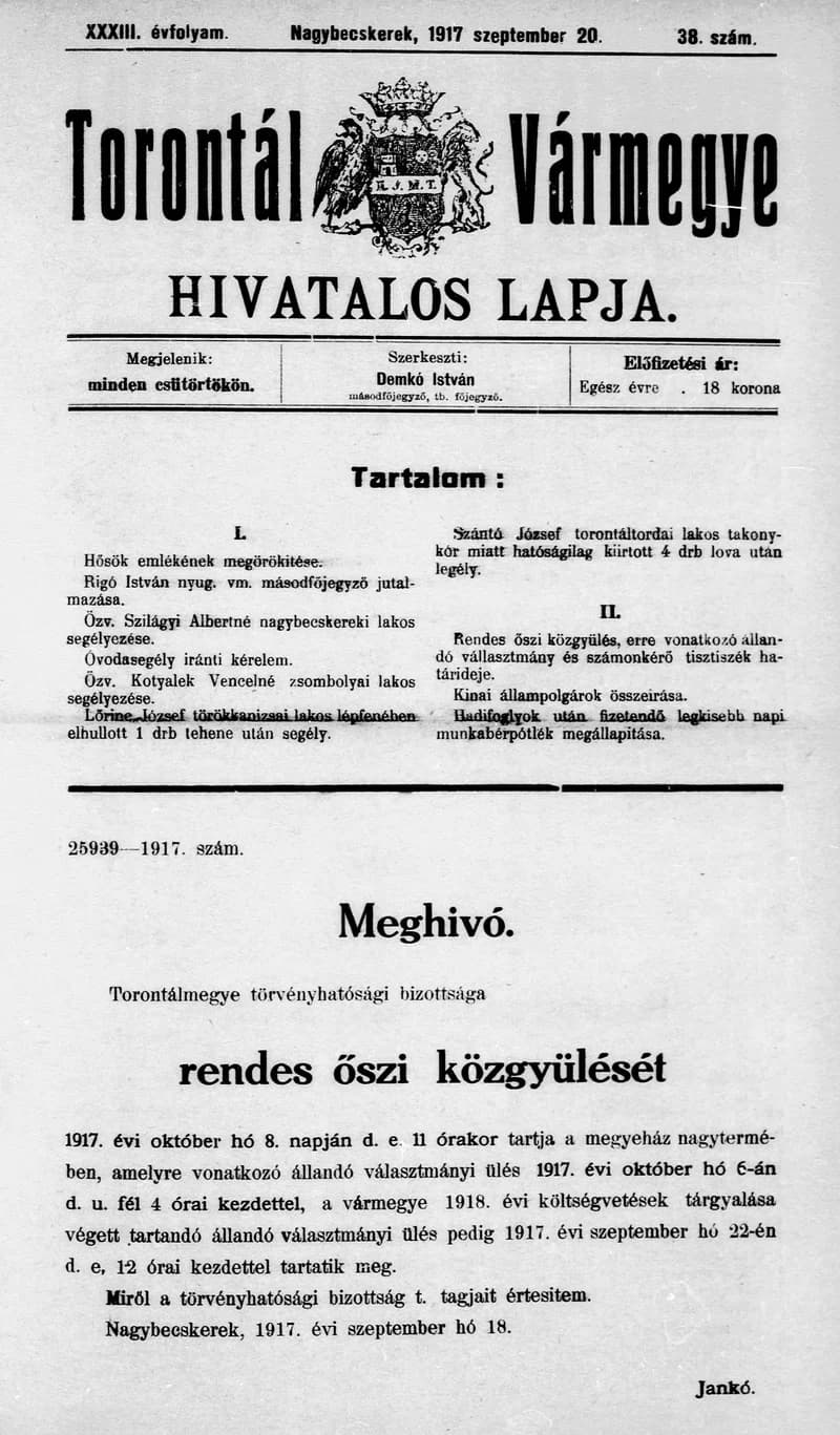 Torontál Vármegye Hivatalos Lapja, 33. évf. 1917. szeptember 20. 38. sz.