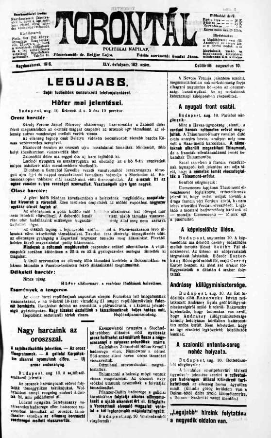 Torontál, 45. évf. 1916. augusztus 10. 182. sz.