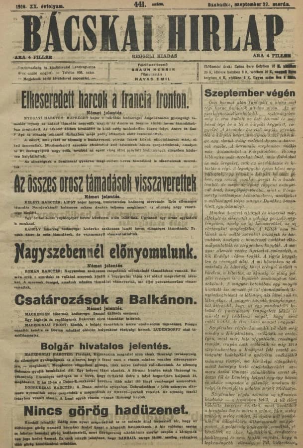 Bácskai Hirlap, 20. évf. 1916. szeptember 27. 441. sz.