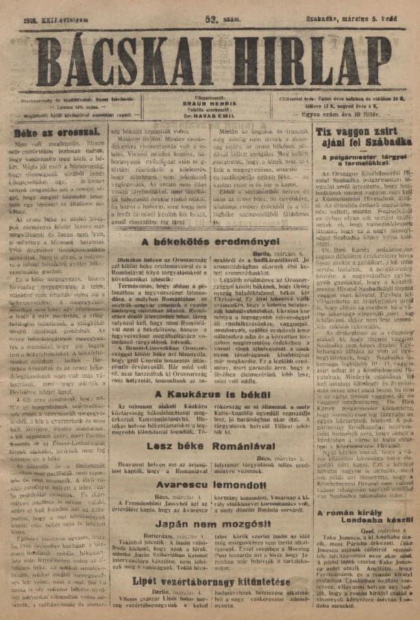 Bácskai Hirlap, 22. évf. 1918. március 5. 53. sz.