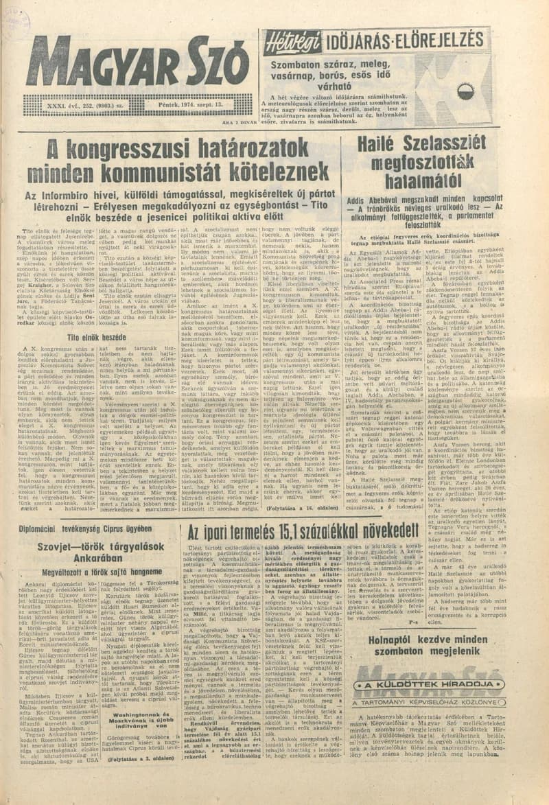 Magyar Szó, 31. évf. 1974. szeptember 13. 252. sz. 1–16. oldal