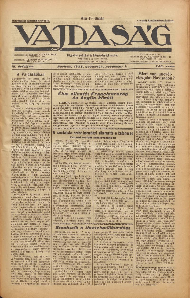 Vajdaság, 3. évf. 1923. november 1. 249. sz.