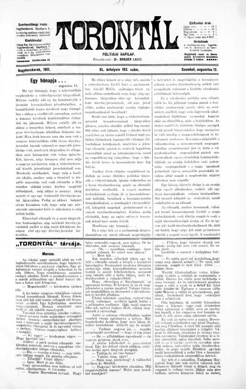 Torontál, 40. évf. 1911. augusztus 12. 183. sz.
