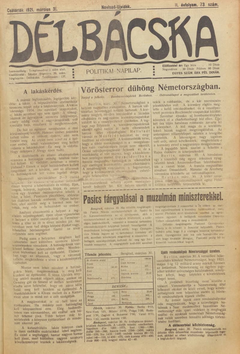 Délbácska, 2. évf. 1921. március 31. 73. sz.