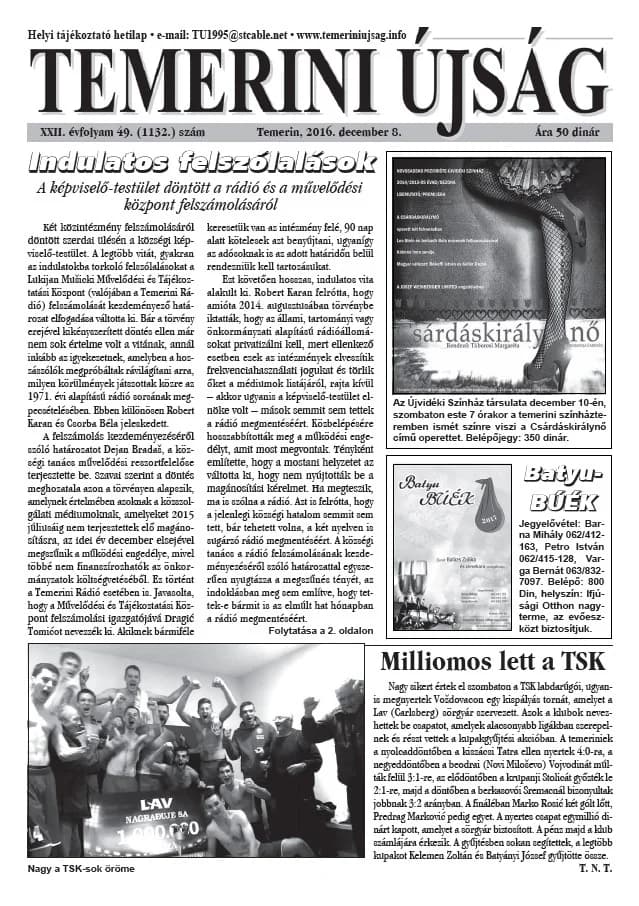 Temerini Újság, 22. évf. 2016. december 8. 49. sz.
