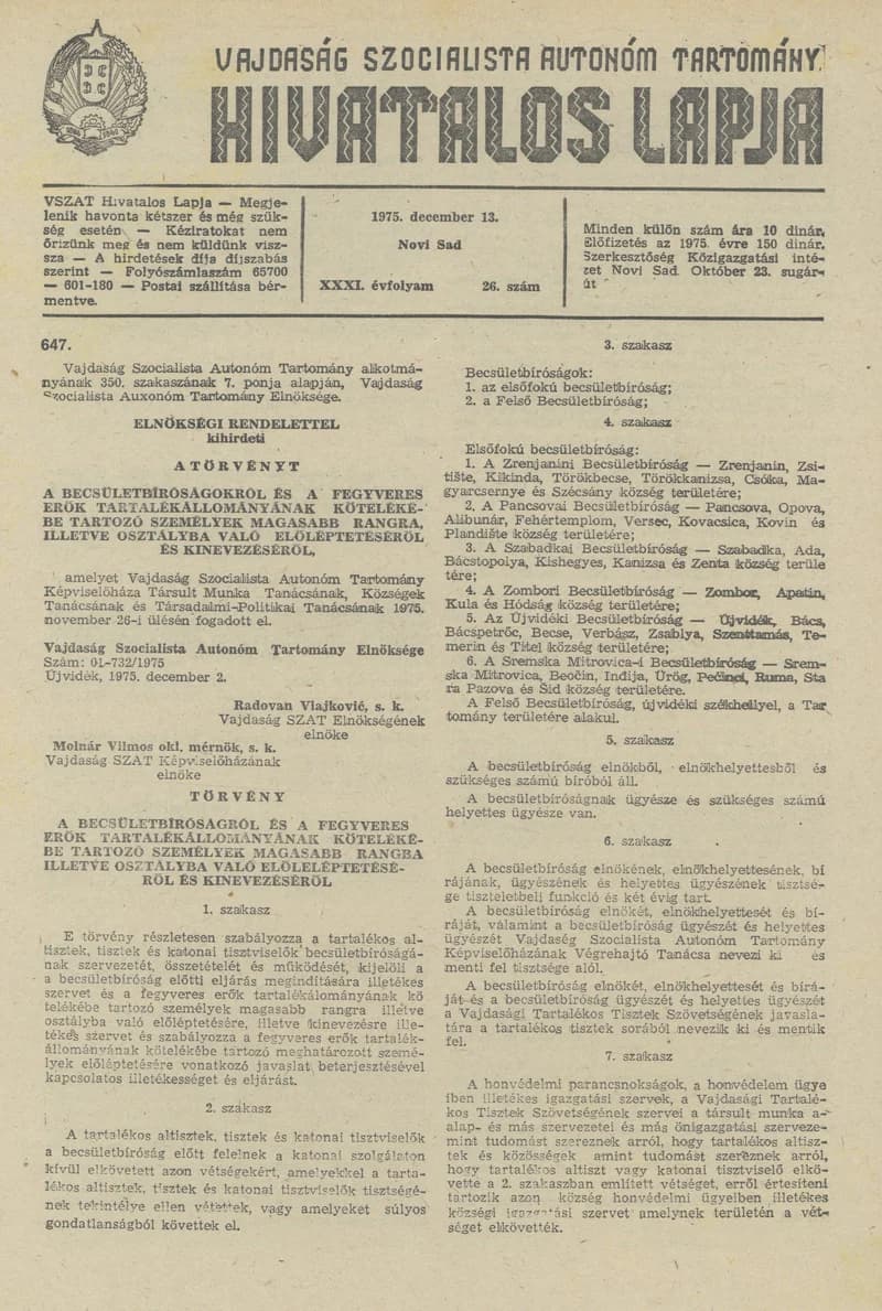 Vajdaság Szocialista Autonóm Tartomány Hivatalos Lapja, 31. évf. 1975. december 13. 26. sz. 1081–1100. oldal
