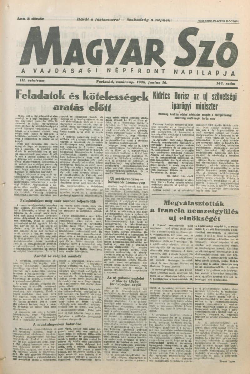 Magyar Szó, 3. évf. 1946. június 16. 142. sz. 1–8. oldal