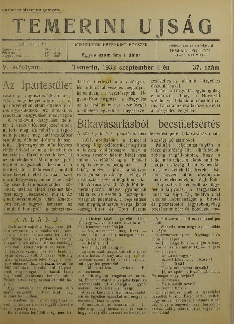 Temerini Újság 1928-1944, 5. évf. 1932. szeptember 4. 37. sz.