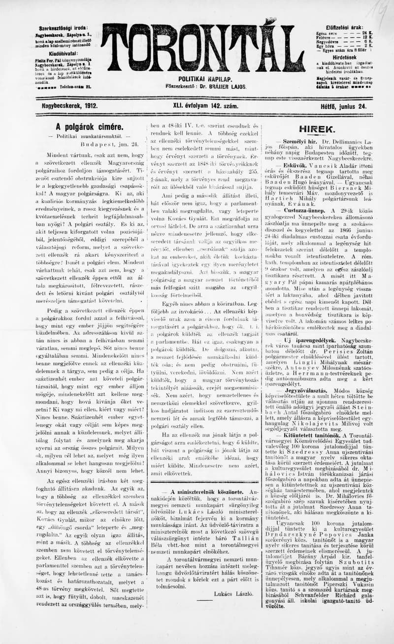 Torontál, 41. évf. 1912. június 24. 142. sz.