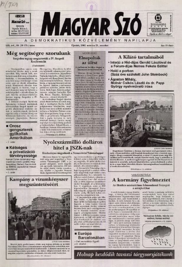 Magyar Szó, 59. évf. 2002. március 23. 69. sz. 1–16. oldal
