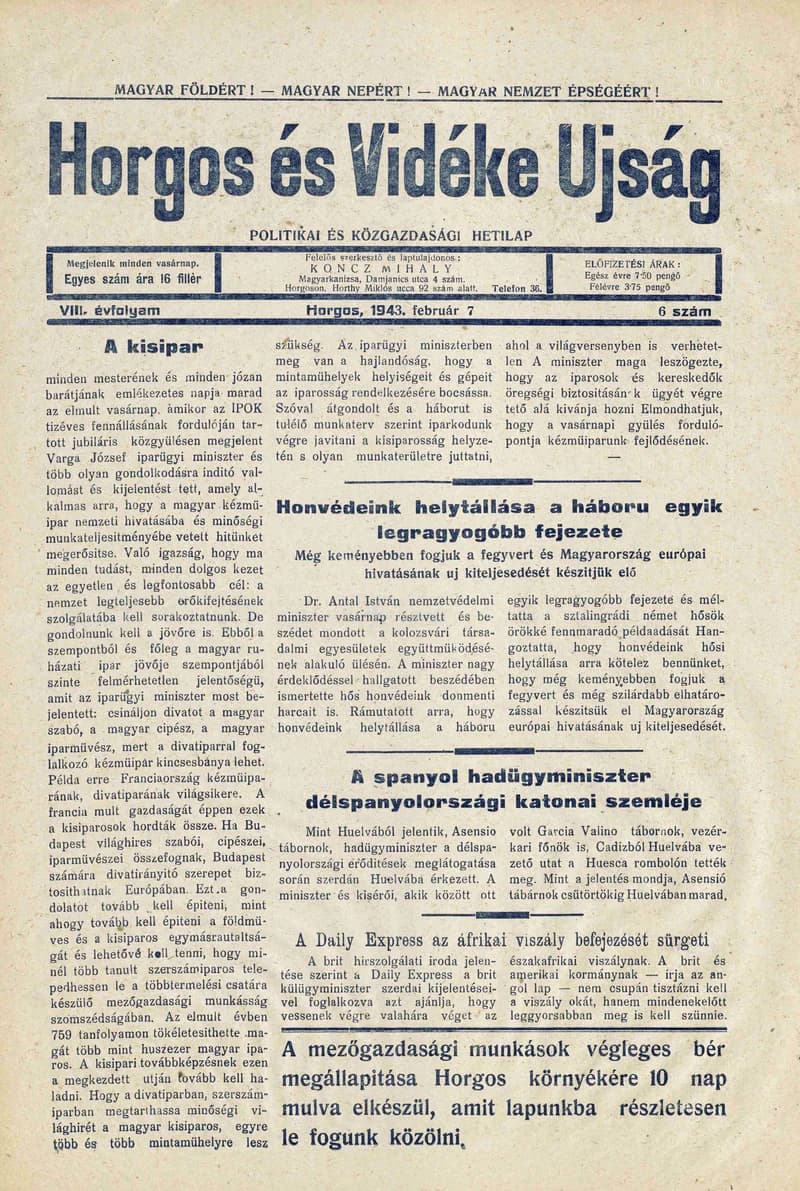 Horgos és vidéke, 8. évf. 1943. február 7. 6. sz.