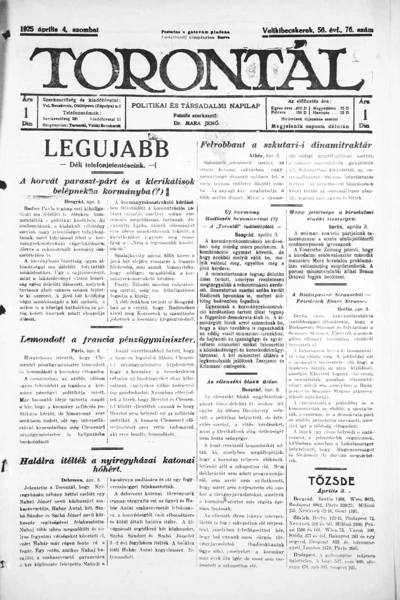 Torontál, 54. évf. 1925. április 4. 76. sz.