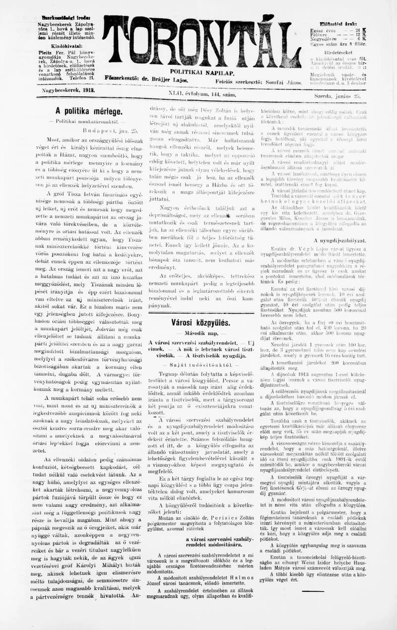 Torontál, 42. évf. 1913. június 25. 144. sz.