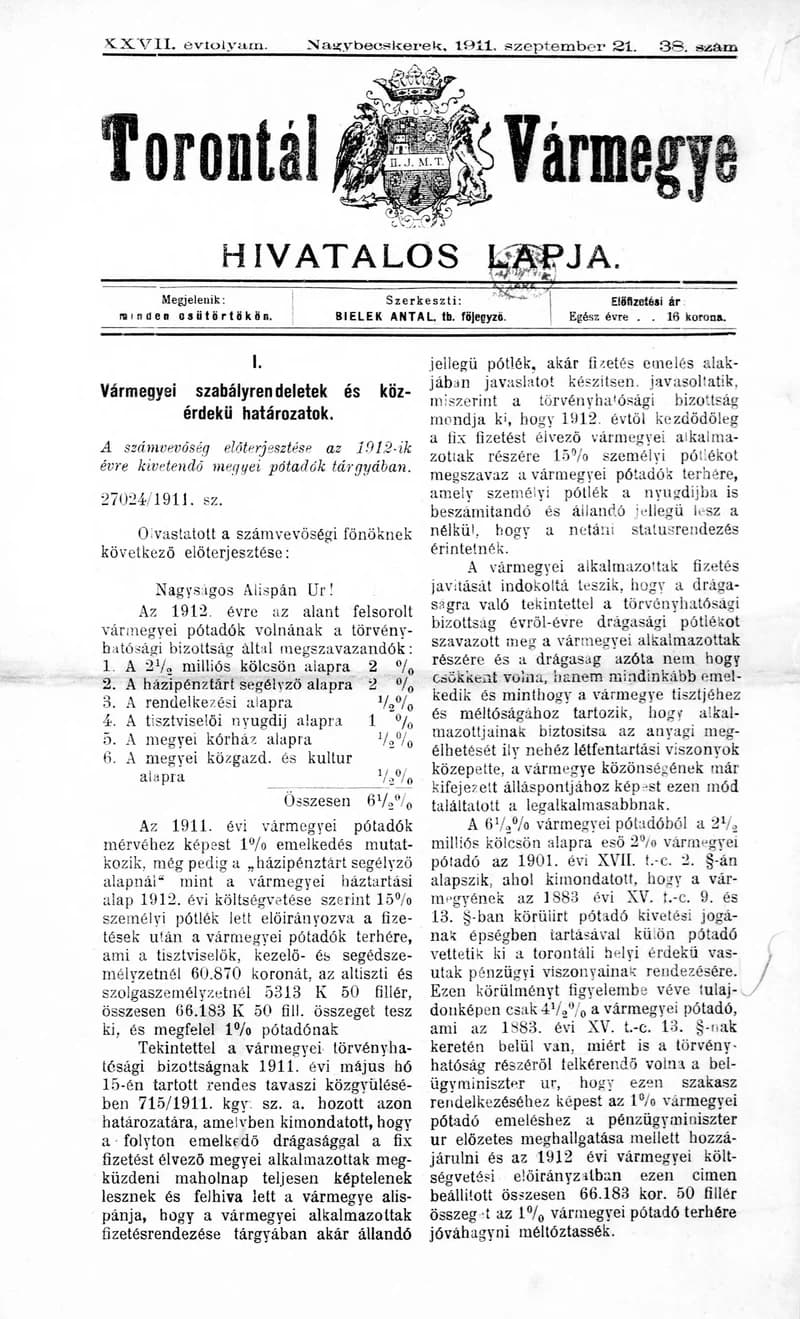 Torontál Vármegye Hivatalos Lapja, 27. évf. 1911. szeptember 21. 38. sz.