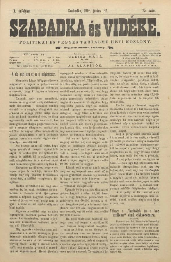 Szabadka és vidéke II, 10. évf. 1902. június 22. 25. sz.