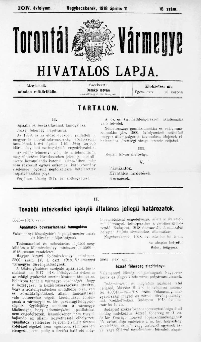 Torontál Vármegye Hivatalos Lapja, 34. évf. 1918. április 11. 16. sz.