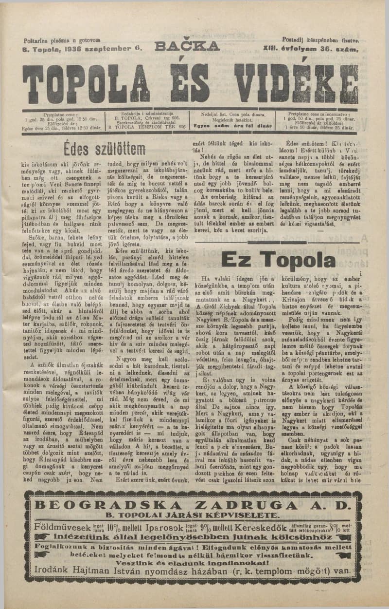 Bačka Topola és Vidéke, 13. évf. 1936. szeptember 6. 36. sz.