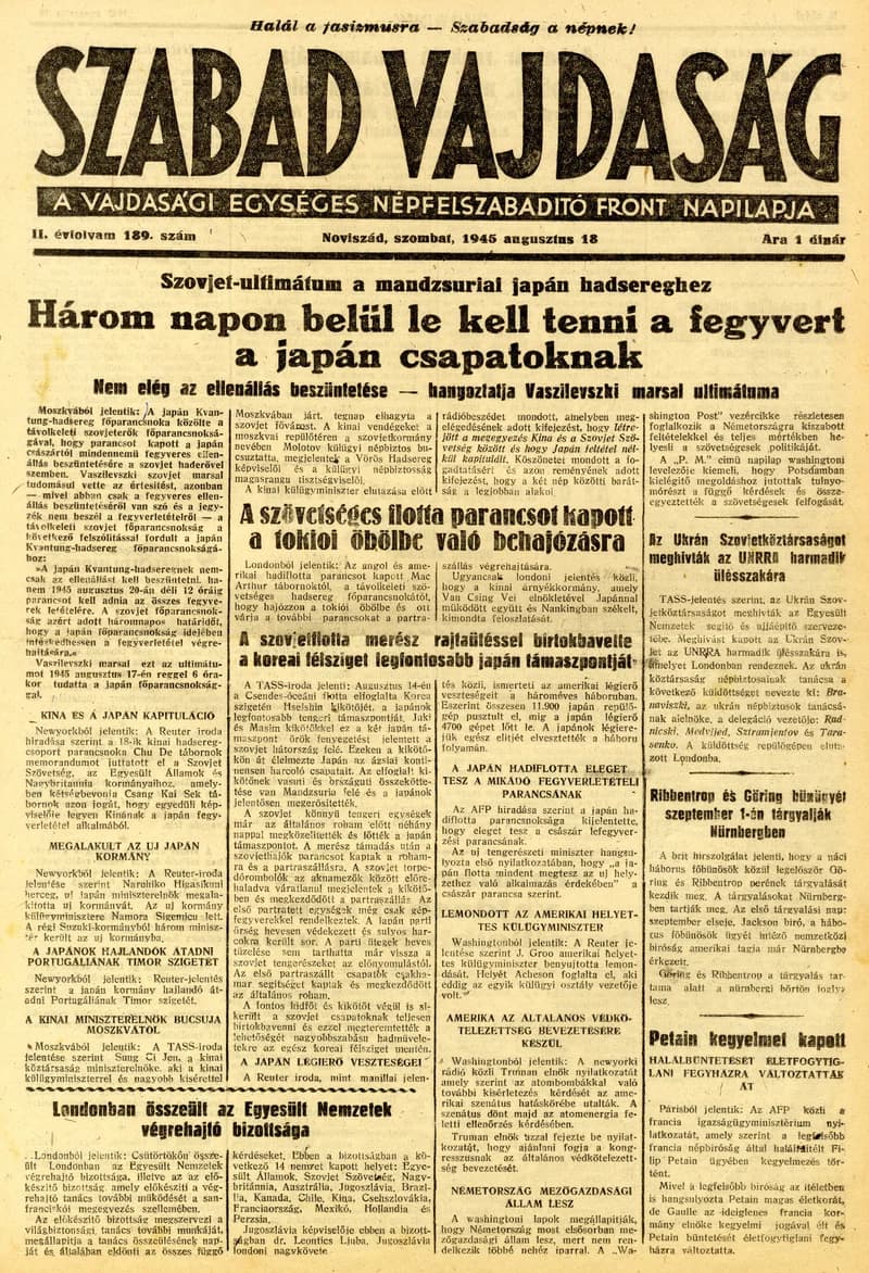 Szabad Vajdaság, 2. évf. 1945. augusztus 18. 189. sz.