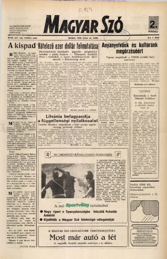 Magyar Szó, 47. évf. 1990. június 18. 165. sz. 1–20. oldal