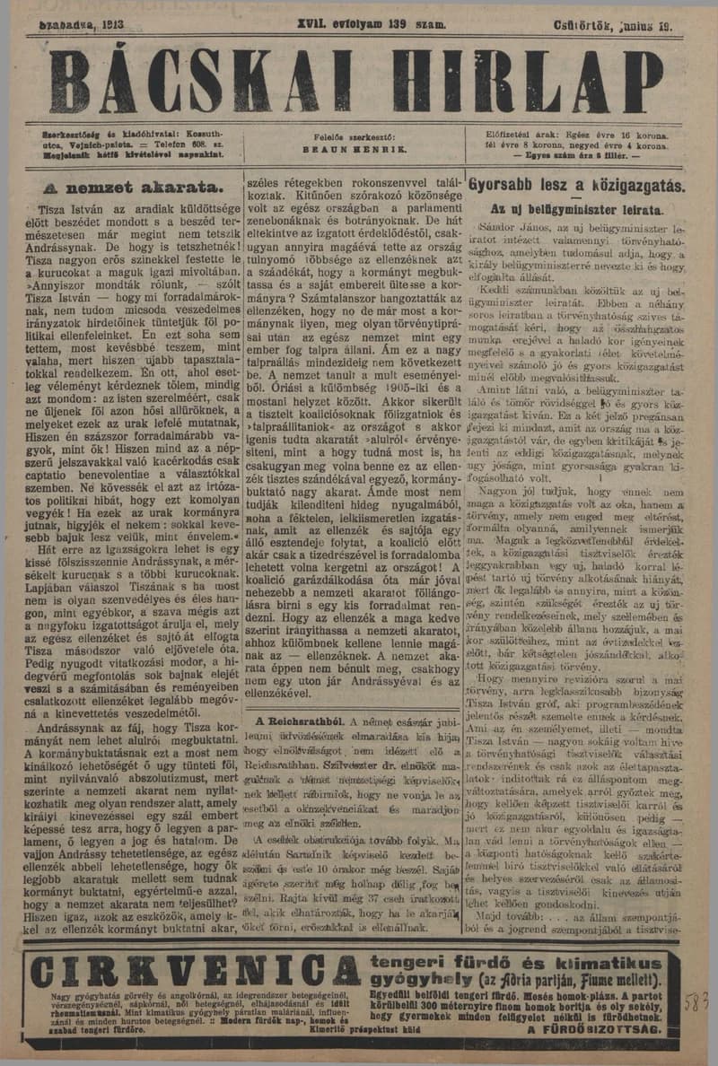 Bácskai Hirlap, 17. évf. 1913. június 19. 139. sz.