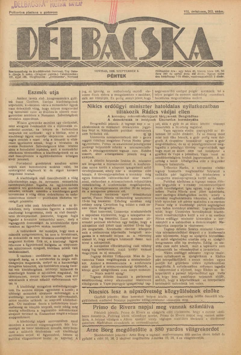 Délbácska, 7. évf. 1926. szeptember 3. 203. sz.