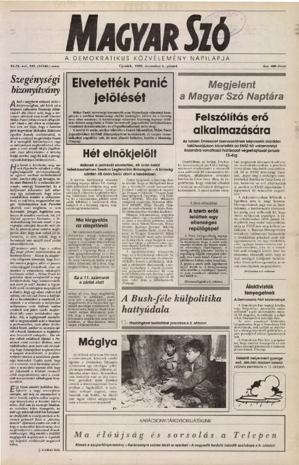 Magyar Szó, 49. évf. 1992. december 4. 332. sz. 1–16. oldal
