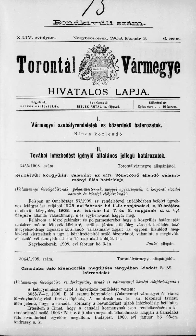 Torontál Vármegye Hivatalos Lapja, 24. évf. 1908. február 3. 6. sz.
