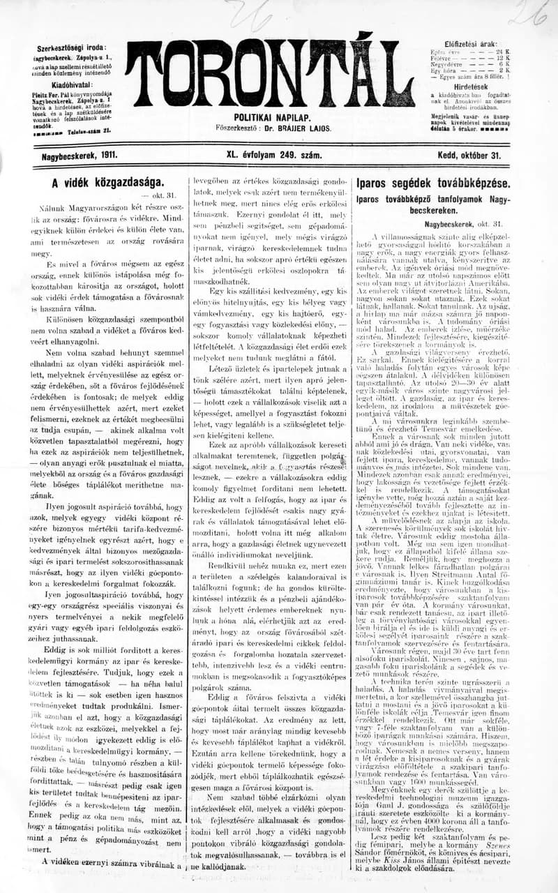 Torontál, 40. évf. 1911. október 31. 249. sz.