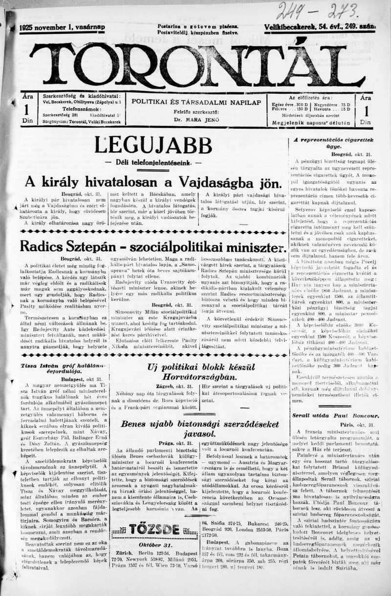 Torontál, 54. évf. 1925. november 1. 249. sz.